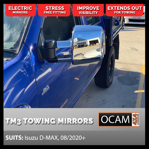 OCAM TM3 Extendable Towing Mirrors For Isuzu D-MAX 08/2020+ MY21 Chrome, Orange Indicators, Electric