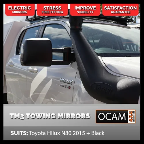 OCAM TM3 Towing Mirrors For Toyota Hilux N80 2015 + Black, Smoke Indicators, Electric