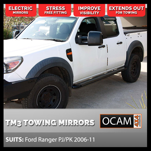 OCAM TM3 Towing Mirrors For Ford Ranger PJ PK 2006-11, Black, Smoke Indicators, Electric
