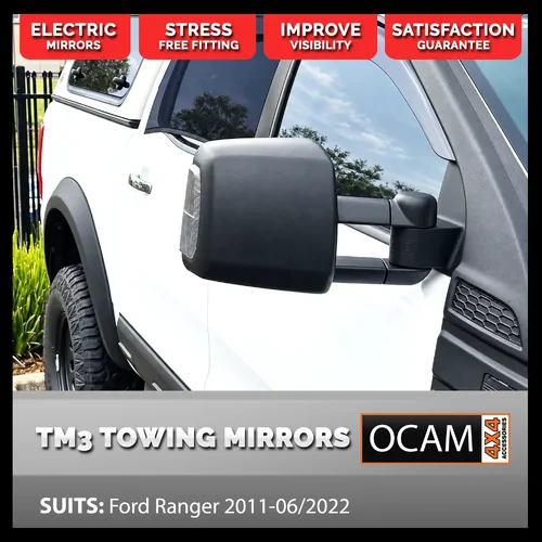 OCAM TM3 Towing Mirrors For Ford Ranger 2011-06/2022, Black, Smoke Indicators, Electric