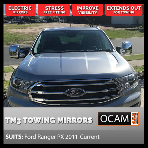 OCAM TM3 Towing Mirrors For Ford Ranger PX 2011-06/2022, Chrome, Electric
