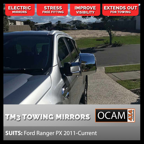 OCAM TM3 Towing Mirrors For Ford Ranger 2011-Current, Chrome, Smoke Indicators, Electric