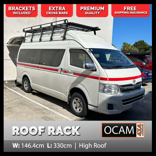 OCAM Aluminium Tradesman Roof Rack For Toyota Hiace 1988-18 Alloy 3300x1464mm, 38cm brackets