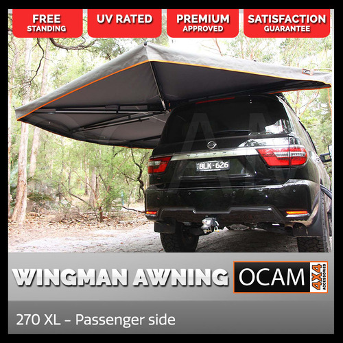 OCAM Premium Wingman 270 XL Awning - Passenger Side with Ceiling Door, Grey 600D Oxford 4x4 Camping